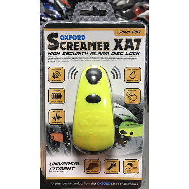 Замок противоугонный на диск с сигнализацией Oxford Screamer XA7 желтый черный - магазин Motostyles